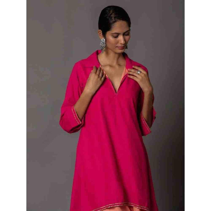 Zanaash Hibiscus- Layered Shirt Style Kurta With Gota Work Phulari (Set Of 2)