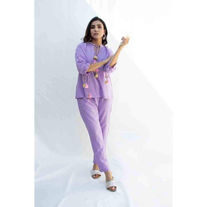 Zanaash Aminaah  - Lavender Cotton Co-Ord Set With Katha Embroidery (Set Of 2)