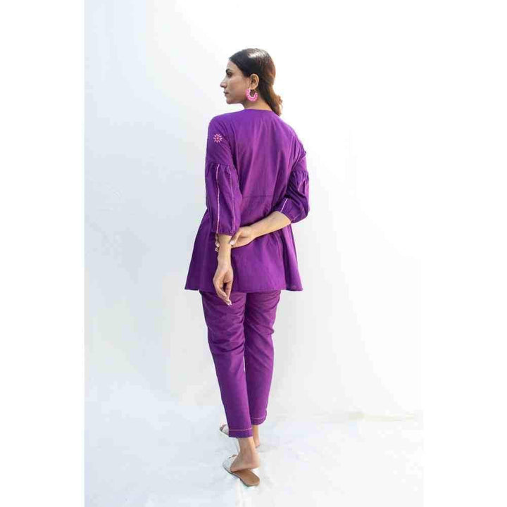 Zanaash Ashira -  Purple Cotton Co-Ord Set With Katha Embroidery (Set Of 2)