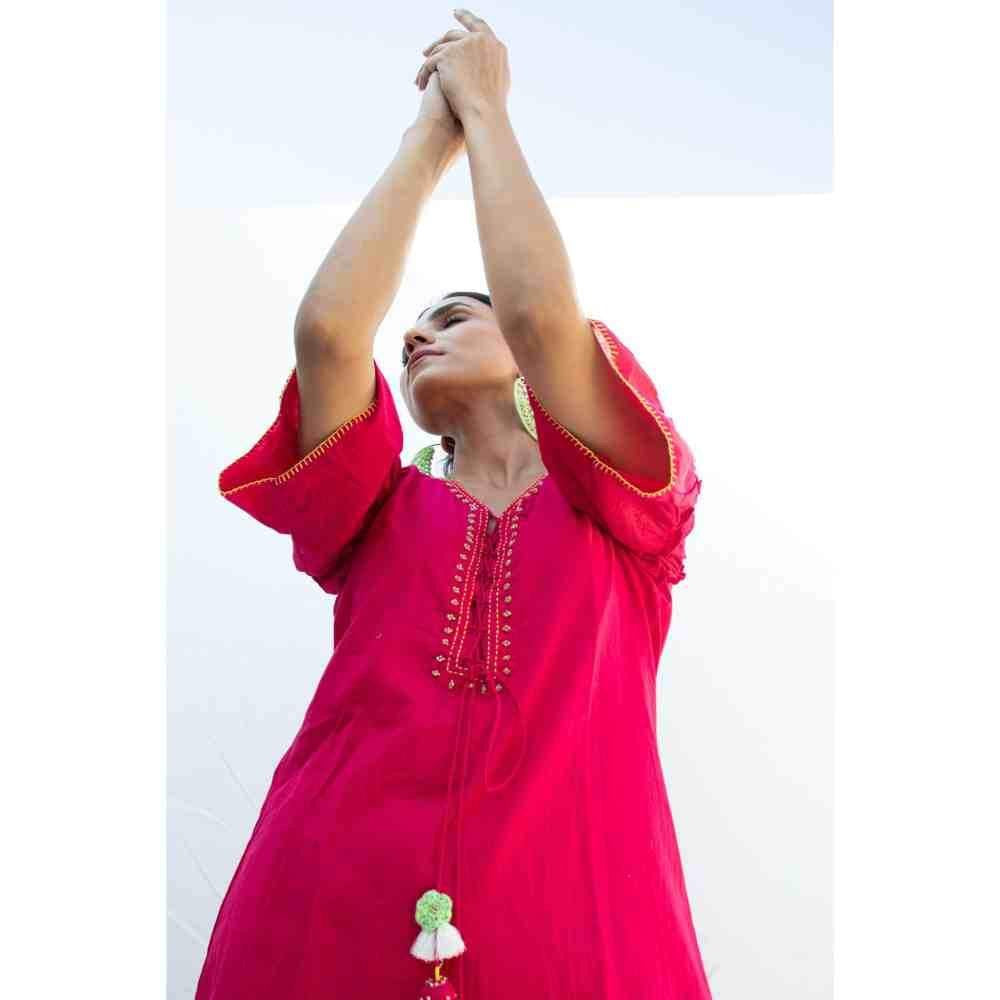 Zanaash Katya - Solid Pink Cotton Co-Ord Set With Katha Embroidery (Set Of 2)