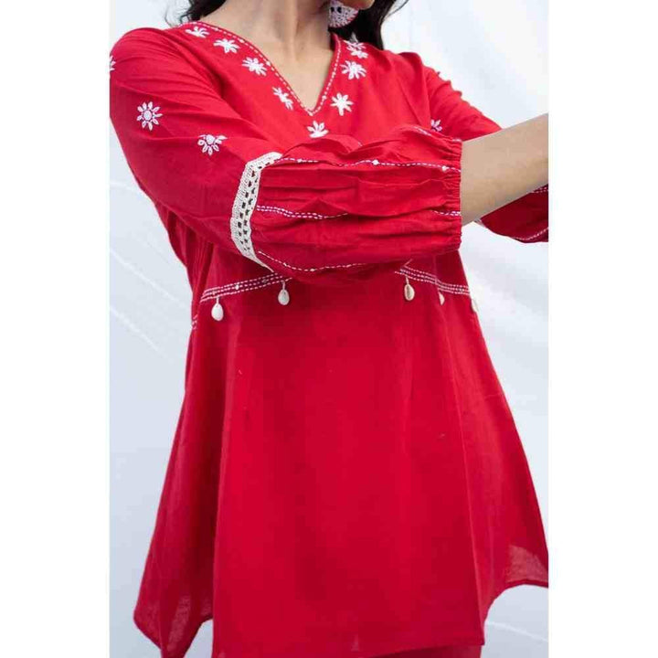 Zanaash Mina -  Ruby Cotton Co-Ord Set With Katha Embroidery (Set Of 2)
