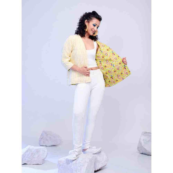 Zanaash Daisy Embroidered Yellow Jacket Yellow Hand Quilted Jackets With Katha Embroidered