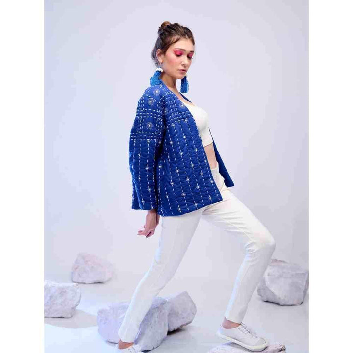 Zanaash Orion Dark Blue Jacket  Hand Quilted Jackets With Katha Embroidered