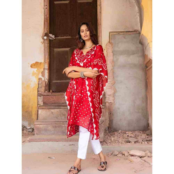 Zanaash Gulaab Bhandhni Red Semi Silk Long Kaftan