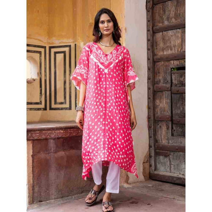 Zanaash Nelum Bhandhni Blush Pink Semi Silk Long Kaftan