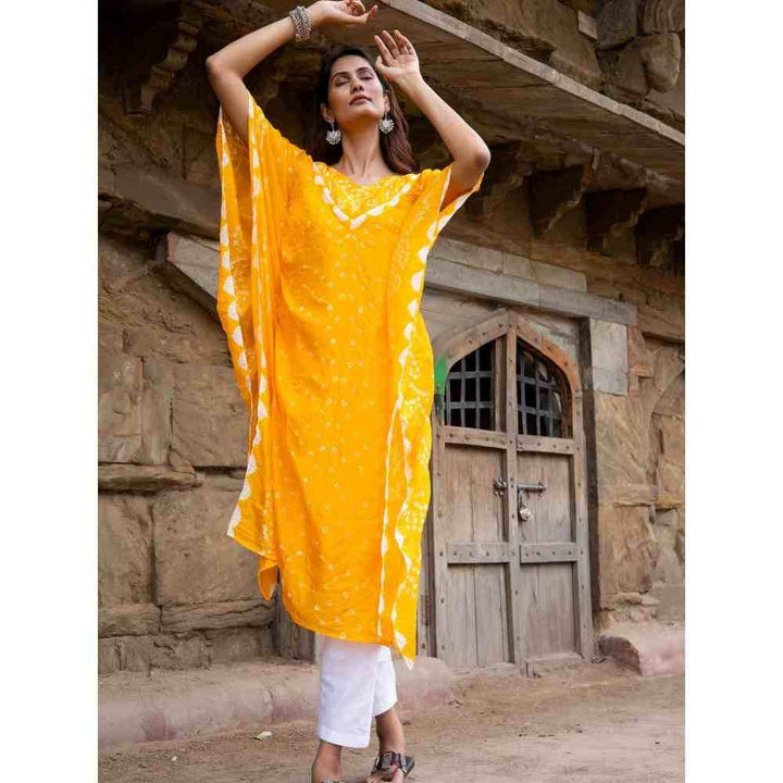 Zanaash Gule Asharfi Bhandhni Chrome Yellow Semi Silk Long Kaftan