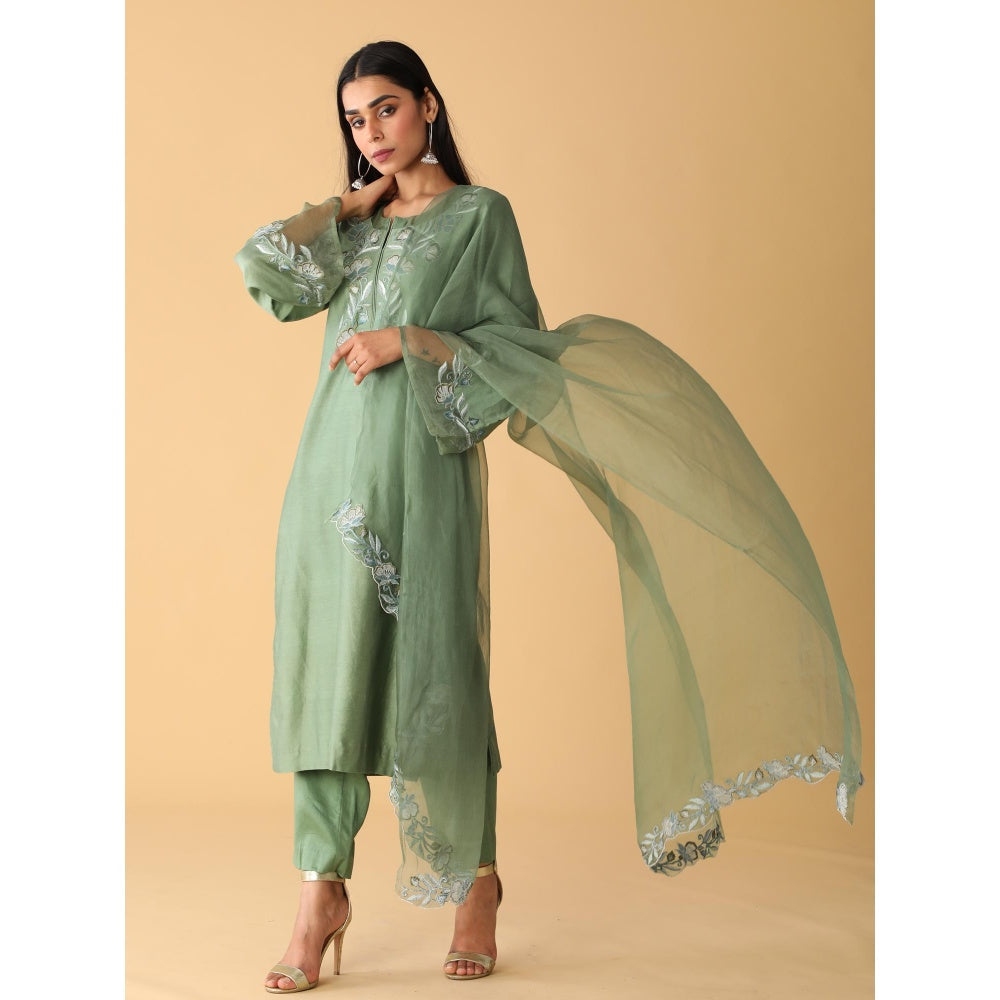 Zeefaa Breeze Chanderi Basil Green Set (3 Pcs)
