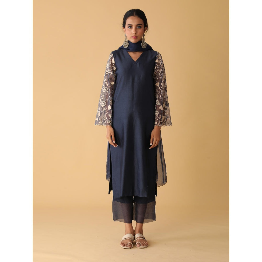 Zeefaa Airy Chanderi Oxford Blue Set (3 Pcs)