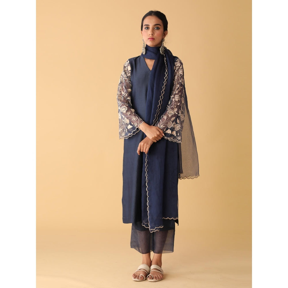 Zeefaa Airy Chanderi Oxford Blue Set (3 Pcs)