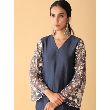 Zeefaa Airy Chanderi Oxford Blue Set (3 Pcs)