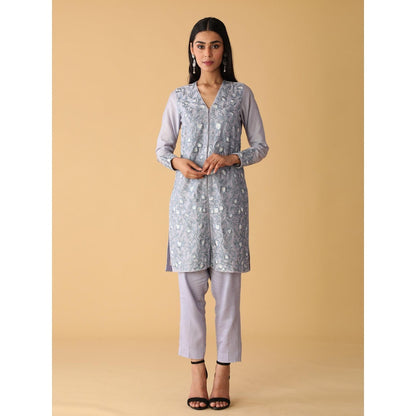 Zeefaa Dusky Periwinkle Jacket Style Kurta Set (3 Pcs)