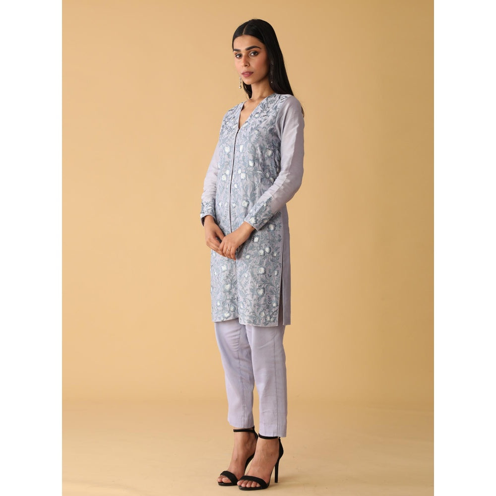 Zeefaa Dusky Periwinkle Jacket Style Kurta Set (3 Pcs)