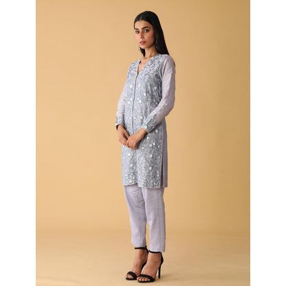 Zeefaa Dusky Periwinkle Jacket Style Kurta Set (3 Pcs)