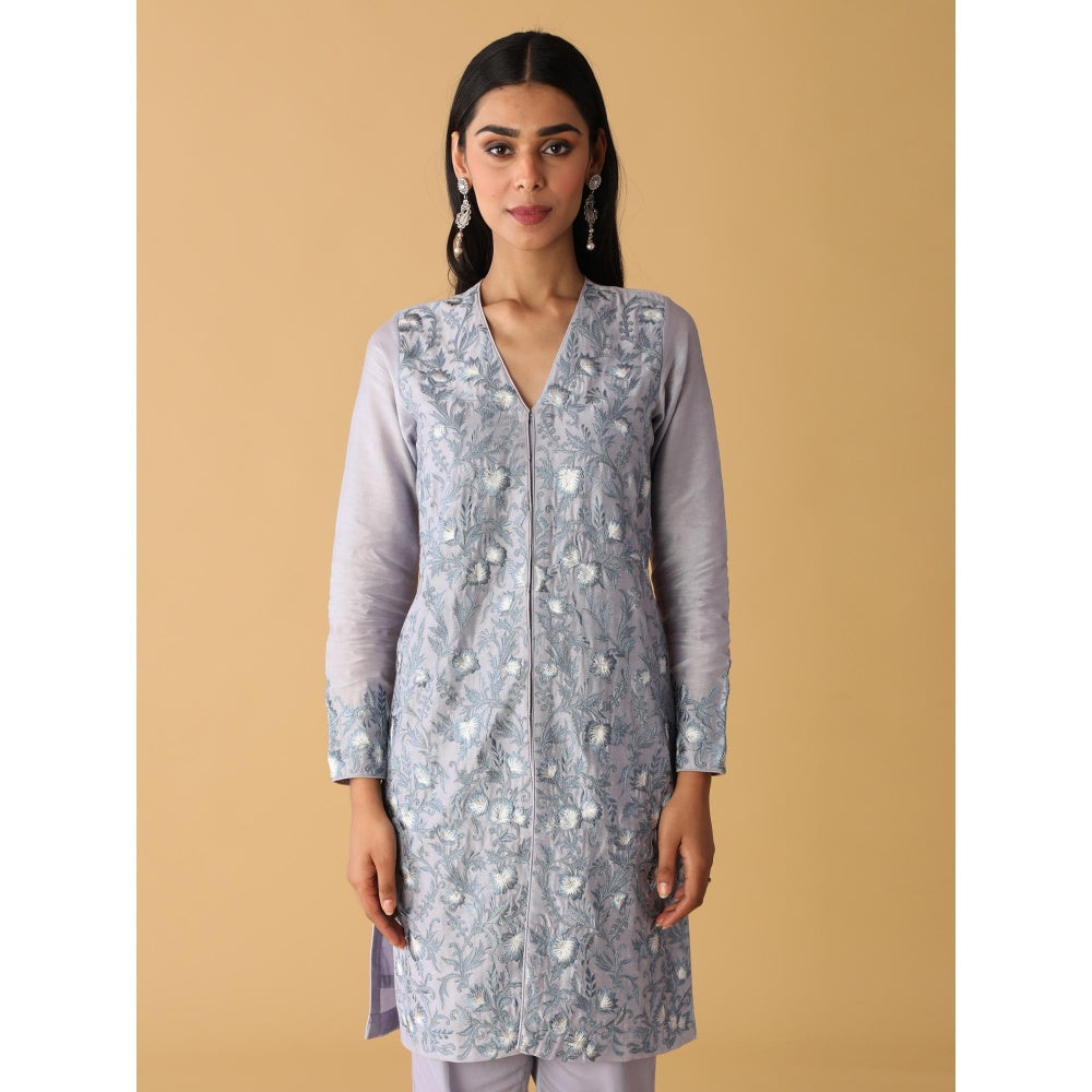 Zeefaa Dusky Periwinkle Jacket Style Kurta Set (3 Pcs)