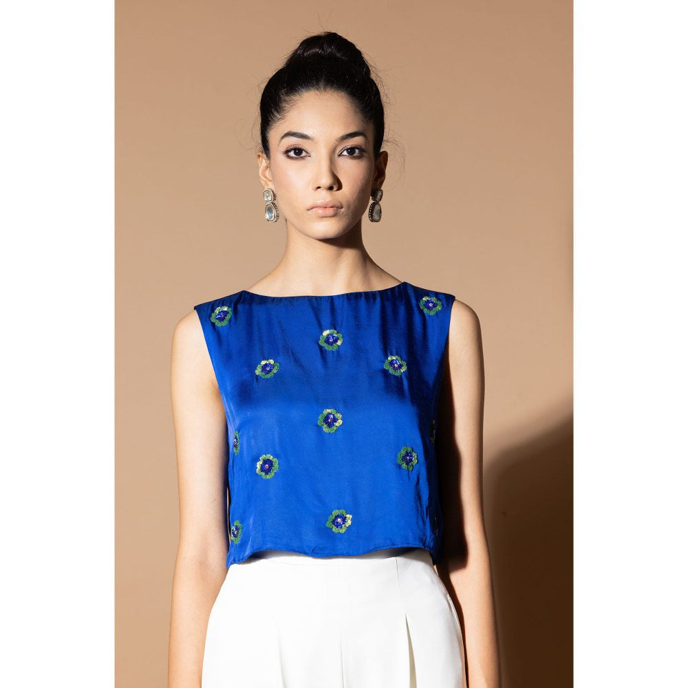 Zeefaa Celestial Blue Crop Top with Floral Embellishment