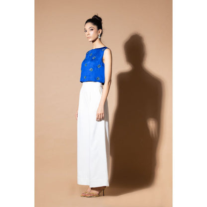 Zeefaa Celestial Blue Crop Top with Floral Embellishment