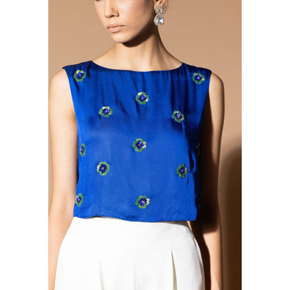 Zeefaa Celestial Blue Crop Top with Floral Embellishment