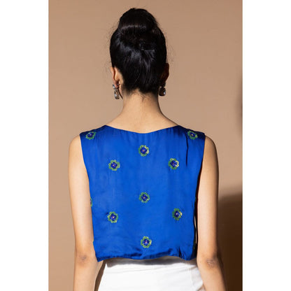 Zeefaa Celestial Blue Crop Top with Floral Embellishment