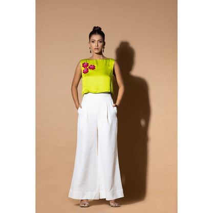 Zeefaa Lustrous Mint Green Crop Top with Floral Embellishment