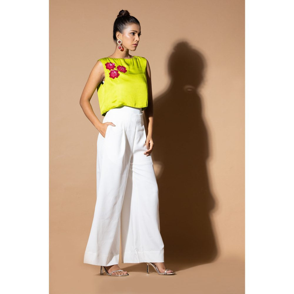 Zeefaa Lustrous Mint Green Crop Top with Floral Embellishment