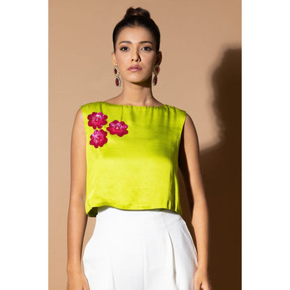 Zeefaa Lustrous Mint Green Crop Top with Floral Embellishment