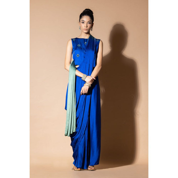 Zeefaa Celestial Blue and Green Draped Saree with Stitched Blouse