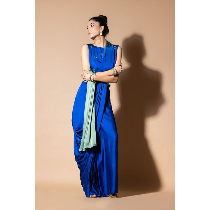 Zeefaa Celestial Blue and Green Draped Saree with Stitched Blouse