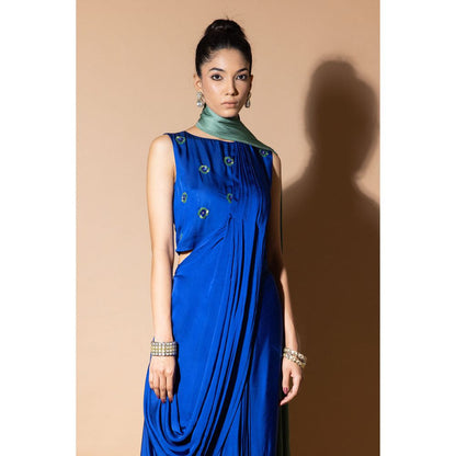 Zeefaa Celestial Blue and Green Draped Saree with Stitched Blouse