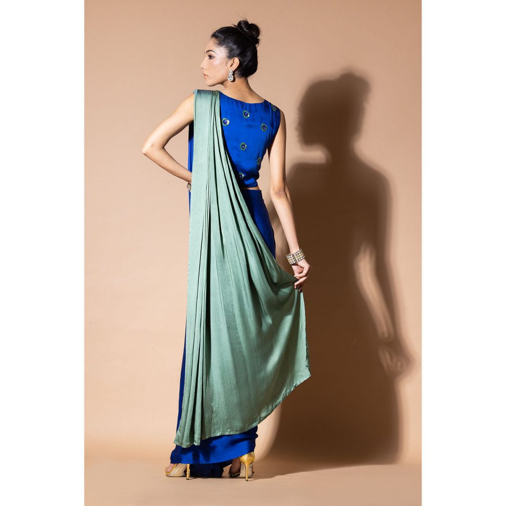 Zeefaa Celestial Blue and Green Draped Saree with Stitched Blouse