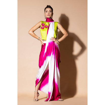 Zeefaa Lustrous Pre Draped Pink Saree with Stitched Blouse