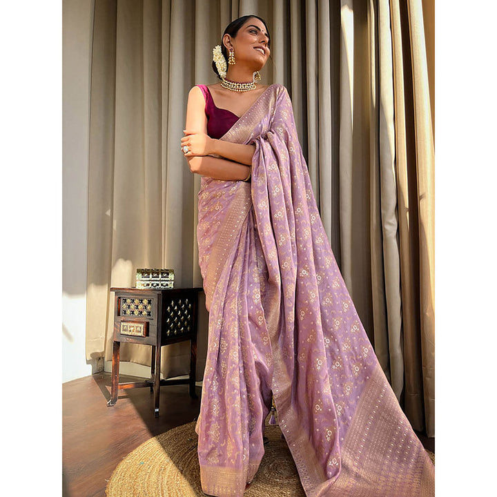 ZILIKAA Lavender Purple Banarasi Uppada Silk Saree with Unstitched Blouse