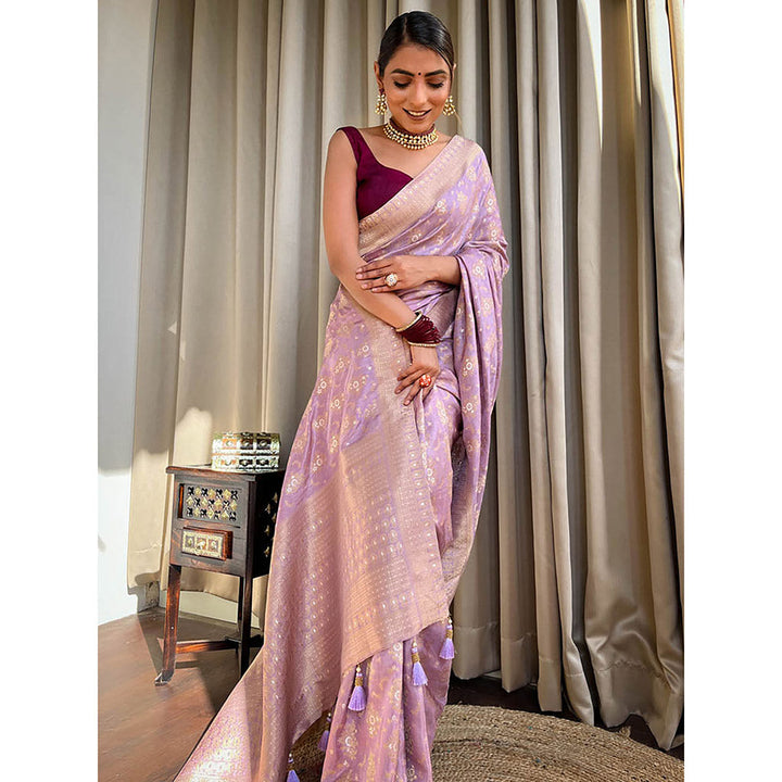 ZILIKAA Lavender Purple Banarasi Uppada Silk Saree with Unstitched Blouse