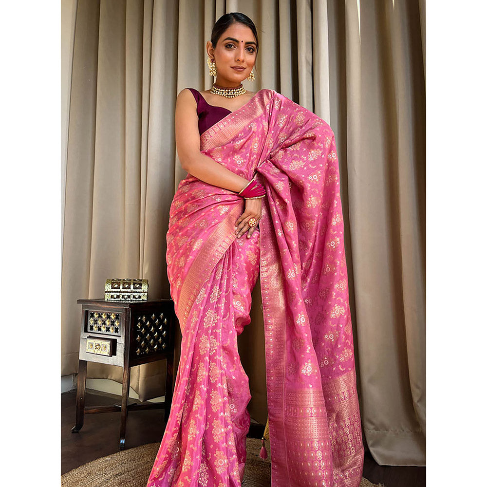 ZILIKAA Onion Pink Banarasi Uppada Silk Saree with Unstitched Blouse