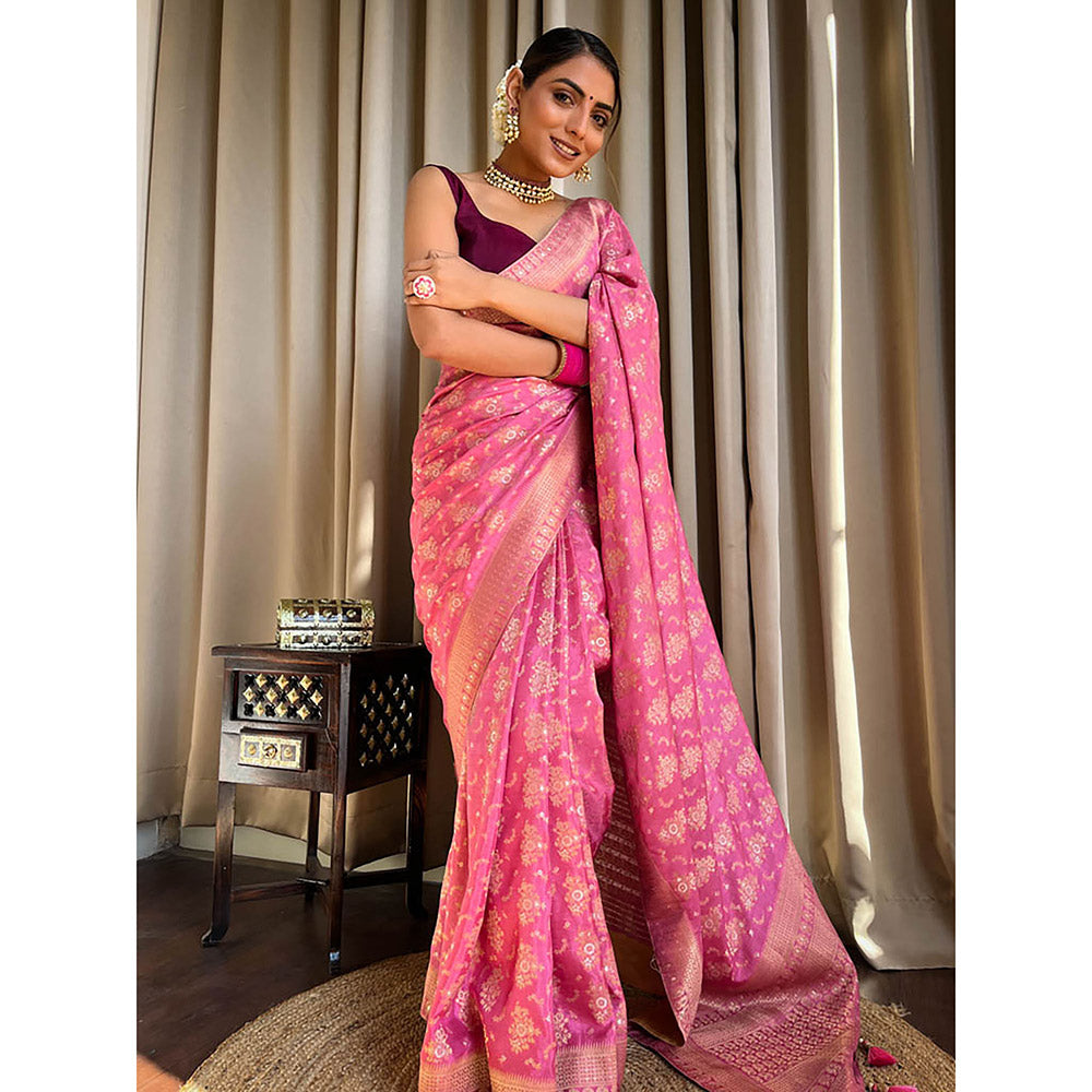 ZILIKAA Onion Pink Banarasi Uppada Silk Saree with Unstitched Blouse
