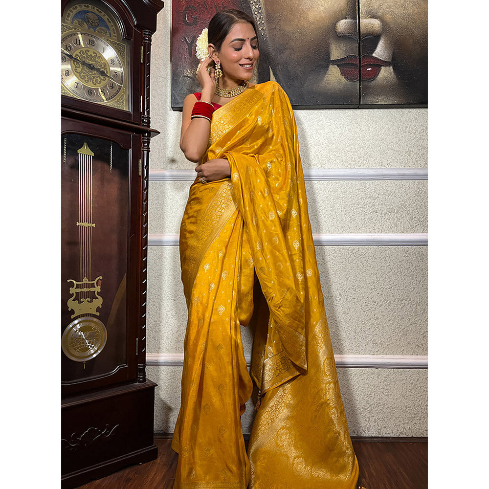 ZILIKAA Mustard Yellow Banarasi Uppada Silk Saree with Unstitched Blouse