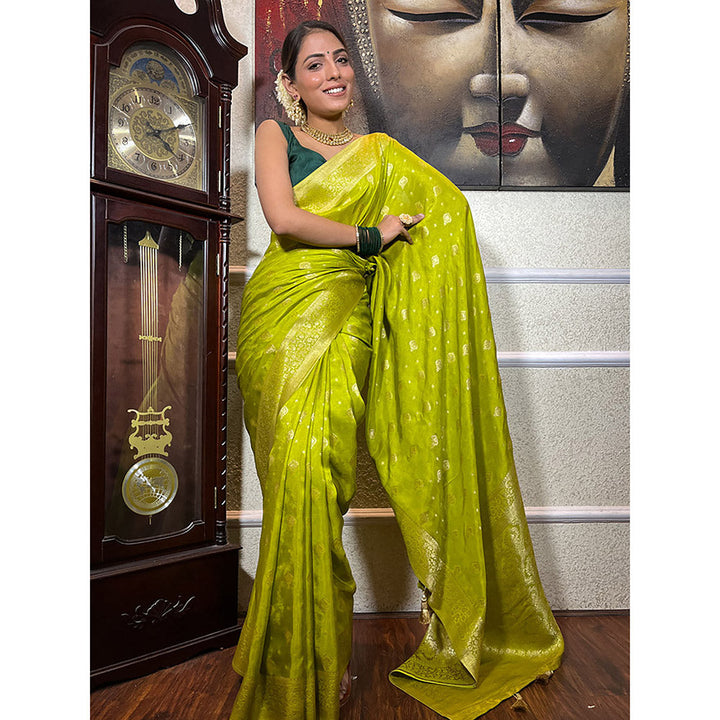 ZILIKAA Baby Mehendi Banarasi Uppada Silk Saree with Unstitched Blouse
