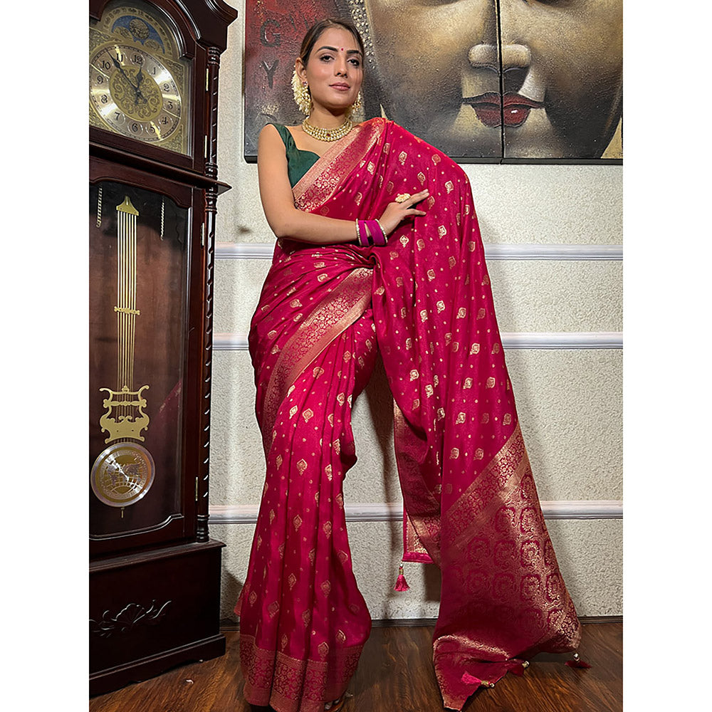 ZILIKAA Queen Pink Banarasi Uppada Silk Saree with Unstitched Blouse