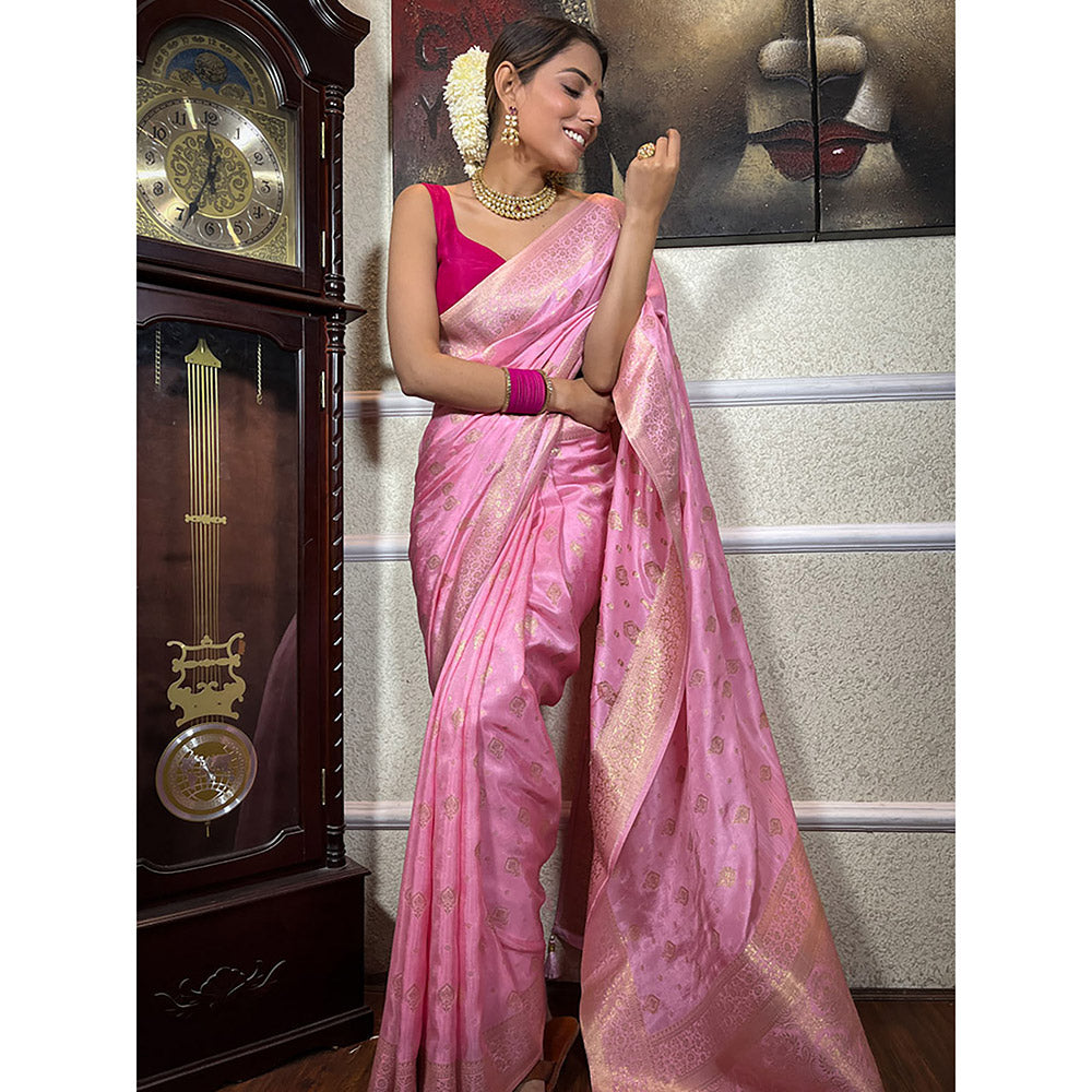 ZILIKAA Baby Pink Banarasi Uppada Silk Saree with Unstitched Blouse