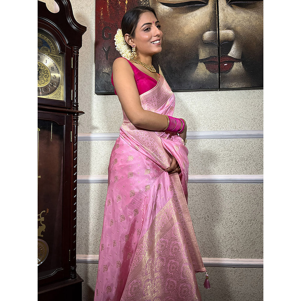 ZILIKAA Baby Pink Banarasi Uppada Silk Saree with Unstitched Blouse