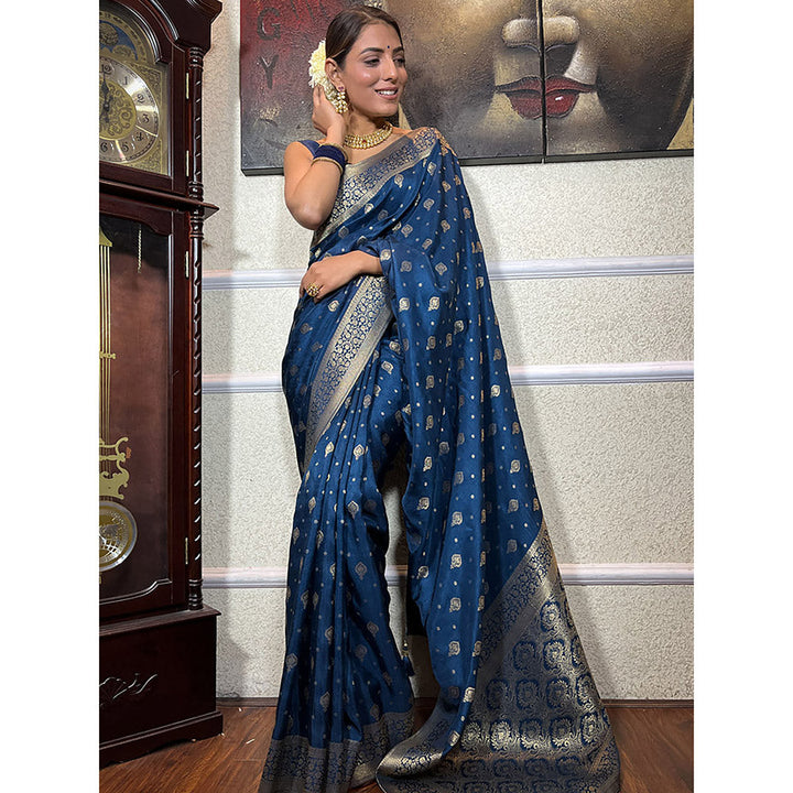 ZILIKAA Midnight Blue Banarasi Uppada Silk Saree with Unstitched Blouse