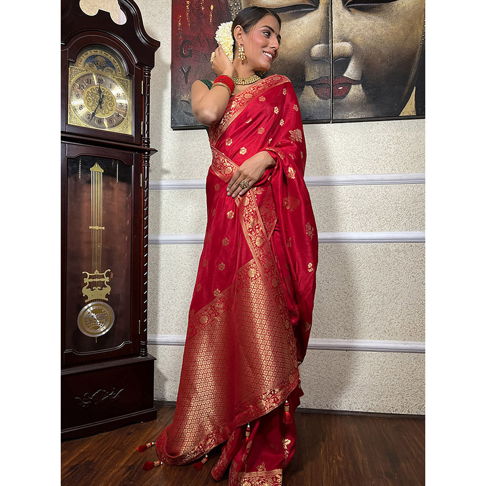 ZILIKAA Scarlet Red Banarasi Uppada Silk Saree with Unstitched Blouse