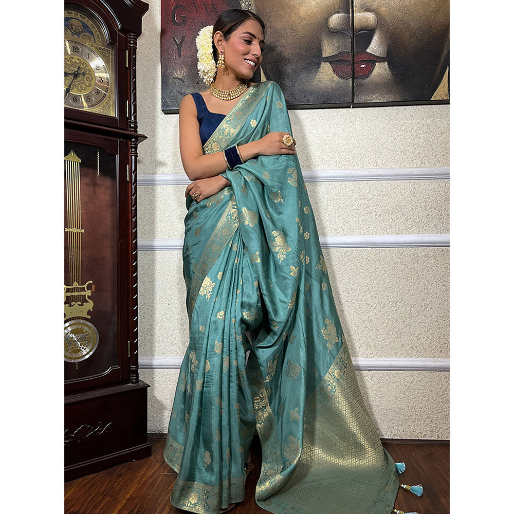 ZILIKAA Turquoise Green Banarasi Uppada Silk Saree with Unstitched Blouse