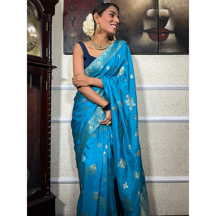 ZILIKAA Firozi Blue Banarasi Uppada Silk Saree with Unstitched Blouse