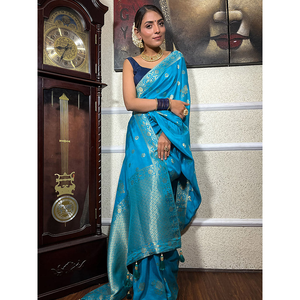 ZILIKAA Firozi Blue Banarasi Uppada Silk Saree with Unstitched Blouse