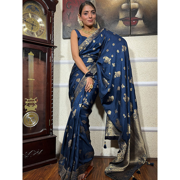 ZILIKAA Midnight Blue Banarasi Uppada Silk Saree with Unstitched Blouse