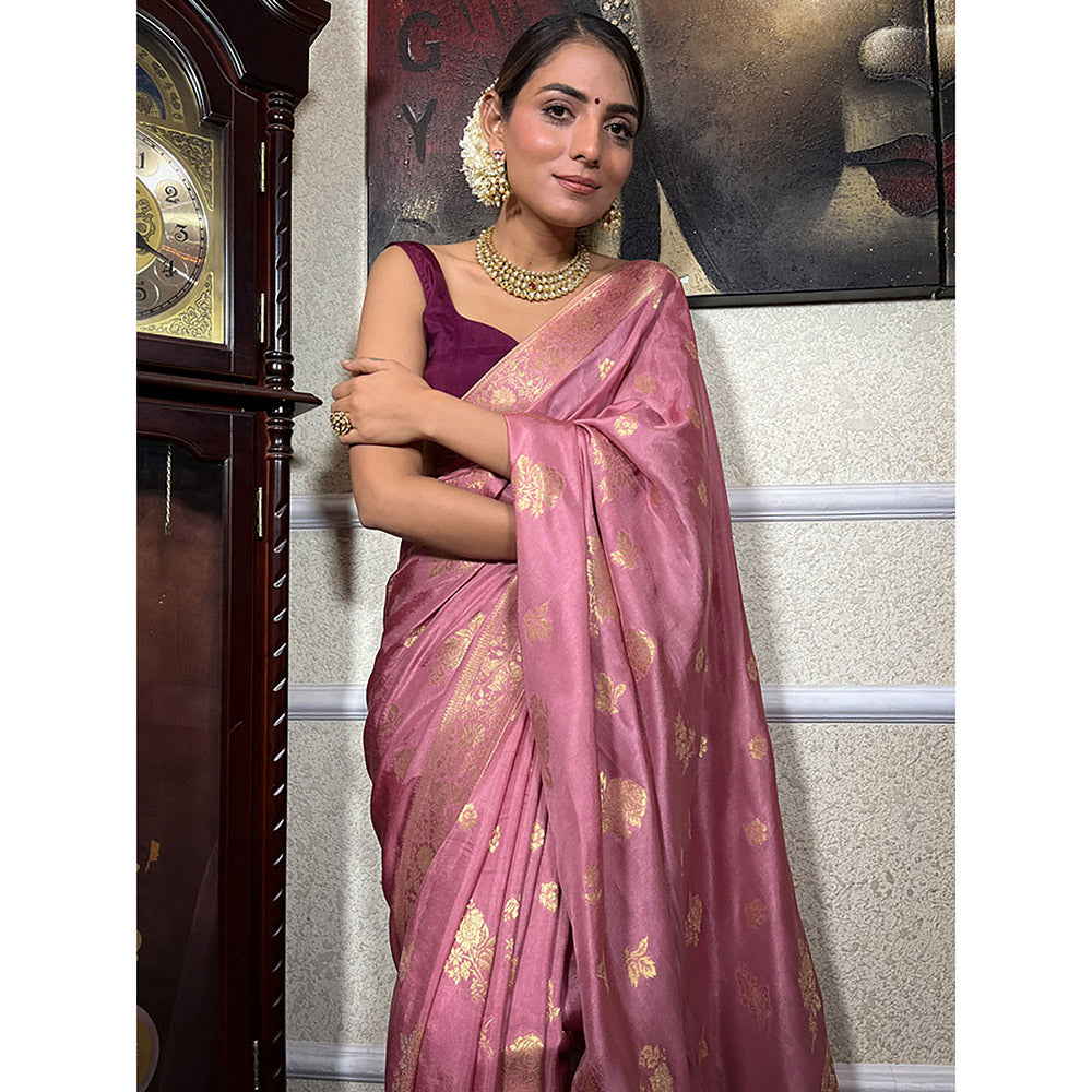 ZILIKAA Lilac Pink Banarasi Uppada Silk Saree with Unstitched Blouse