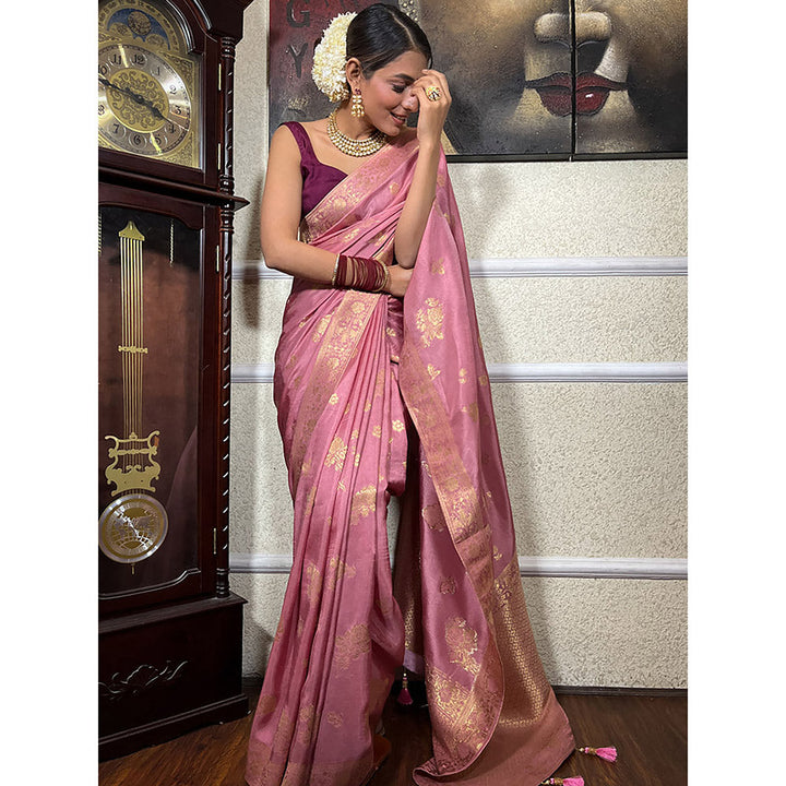 ZILIKAA Lilac Pink Banarasi Uppada Silk Saree with Unstitched Blouse