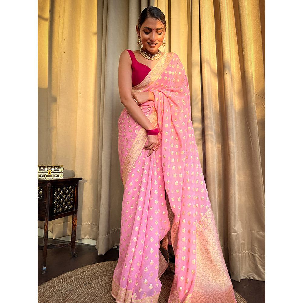 ZILIKAA Baby Pink Banarasi Khaddi Weaved Georgette Saree with Unstitched Blouse