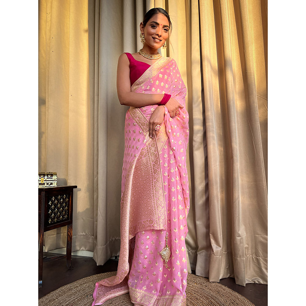 ZILIKAA Baby Pink Banarasi Khaddi Weaved Georgette Saree with Unstitched Blouse