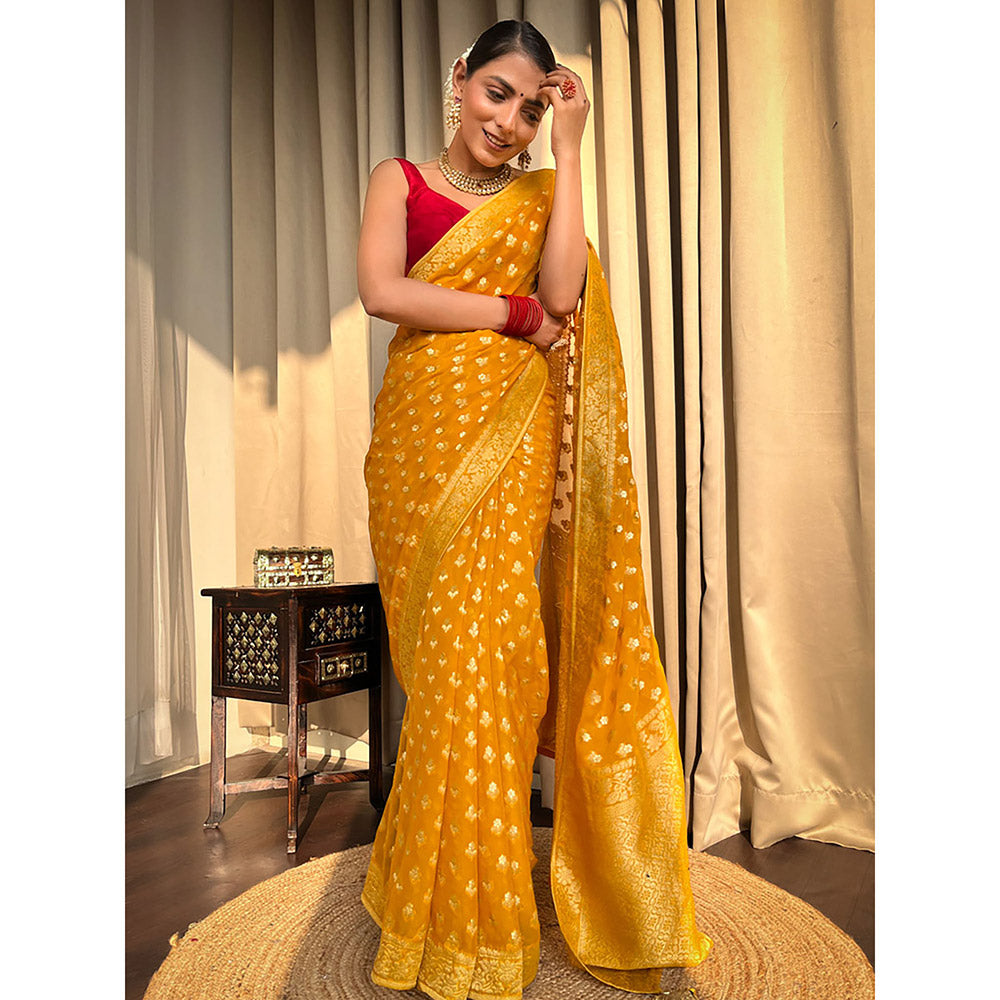 ZILIKAA Mustard Yellow Banarasi Khaddi Weaved Georgette Saree with Unstitched Blouse